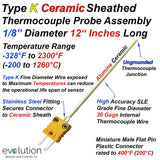 Type K Ceramic Sheath Thermocouple Probe 12 Inches Long 1/8" Diameter
