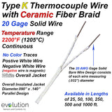 Ceramic Fiber Insulated Thermocouple Wire Type K 20 Gage Solid
