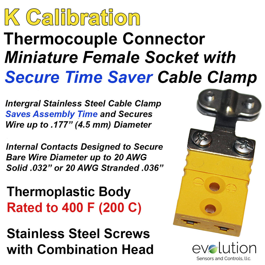 Thermocouple Connector Miniature Female Type K with Integral Cable Clamp