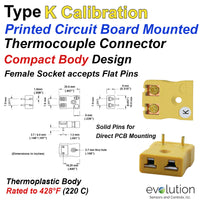 Type K Circuit Board Thermocouple Connector with Compact Body Design