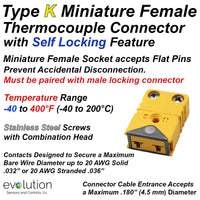 Type K Miniature Female Thermocouple Connector with Self Locking Design