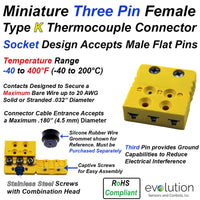 Miniature Thermocouple Connectors, Miniature Three Pin Female, Type K