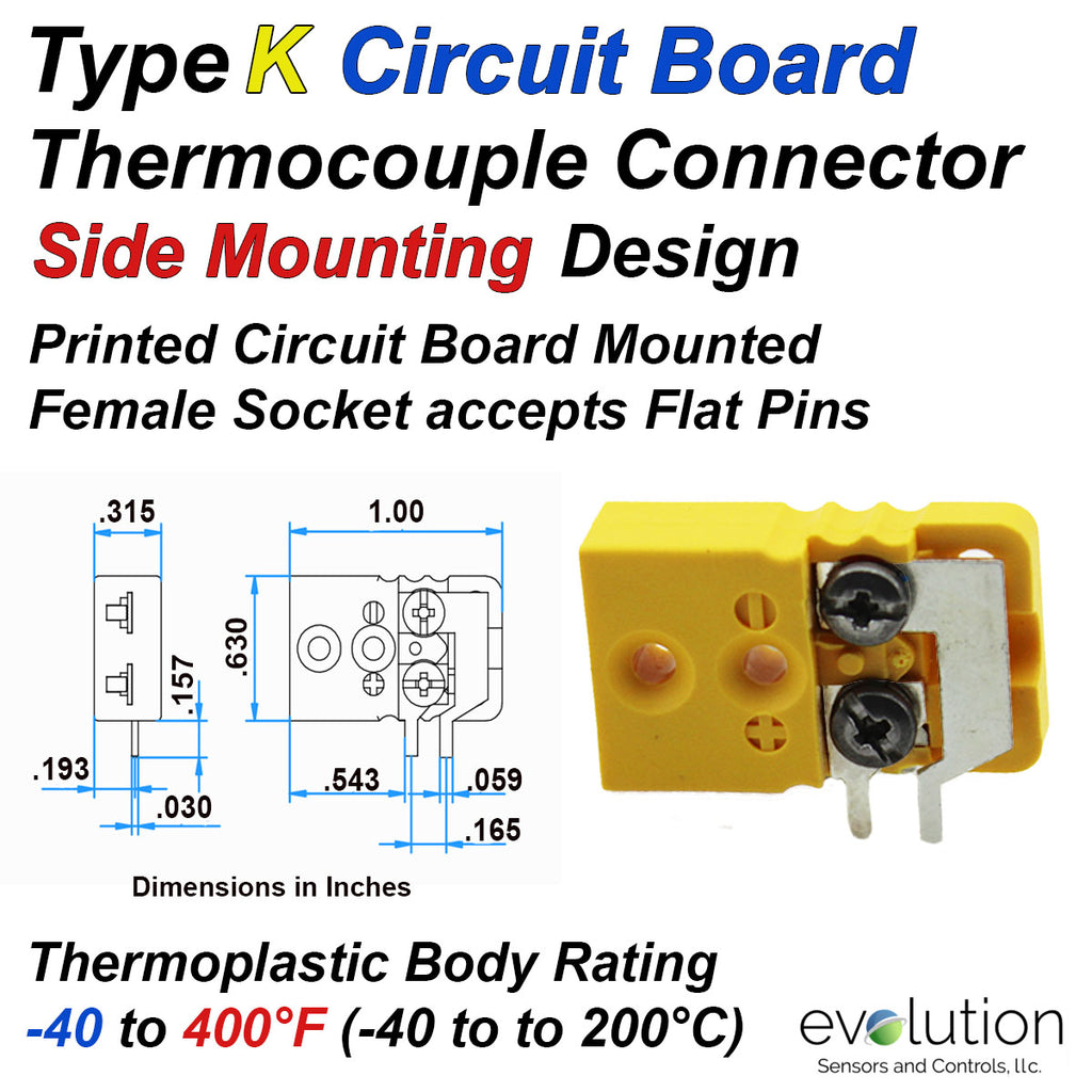PCB Thermocouple Connectors, Miniature PCB Side Mounting, Type K