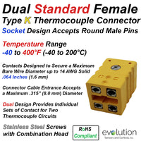 Type K Dual Thermocouple Connector Standard Size Female