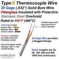 Type K Thermocouple Wire with Stainless Steel Overbraid over Fiberglass