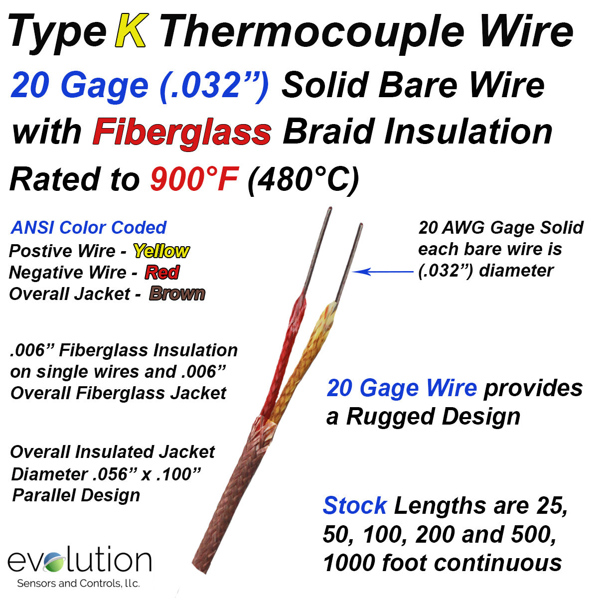 Type K Thermocouple Wire 20 Gage Solid with Fiberglass Braid Insulation Type K Thermocouple Wire 20 Gage Solid with Fiberglass Braid Insulation