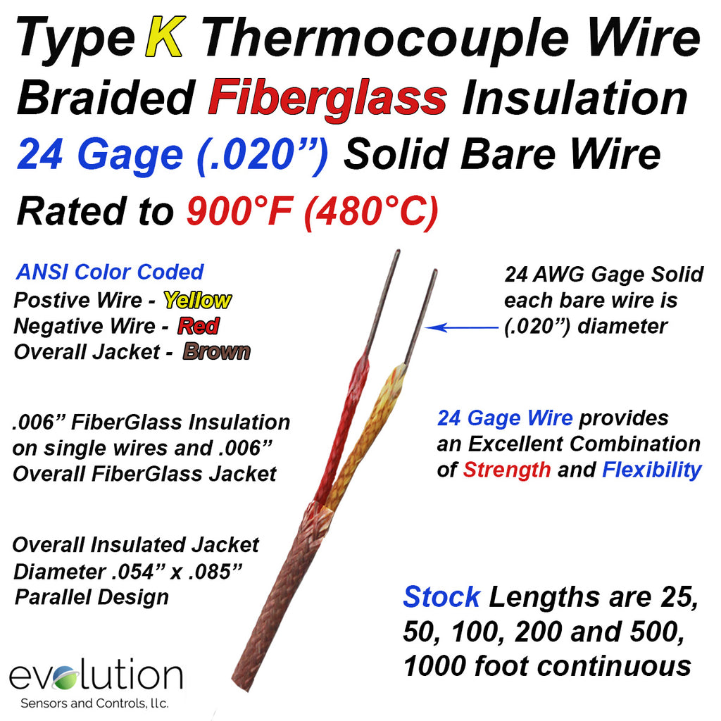 Type K Thermocouple Wire 24 Gage with Fiberglass Insulation