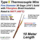Type K Thermocouple Wire Fine Diameter 30 Gage with Fiberglass Braid 10 Meters Long