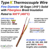 Type K Thermocouple Wire Fine Diameter 30 Gage with Fiberglass Braid