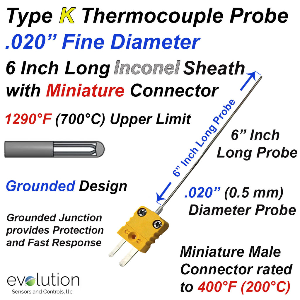 Type K Thermocouple Probe .020" Diameter 6 Inch Long Inconel Sheath