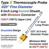 Type K Thermocouple Probe .020" Diameter 6 Inch Long Inconel Sheath