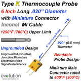 Type K Thermocouple Probe 020" 6 Inches Long Inconel Sheath Ungrounded