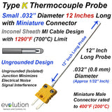 Small .032" Diameter Thermocouple Probe Inconel Sheath with Connector