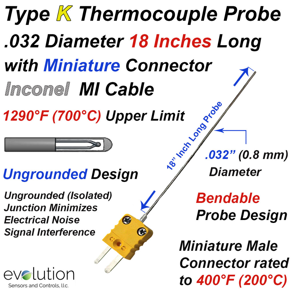 Thermocouple Sensor Type K Ungrounded 18" Long .032" Dia. Inconel Sheath with Miniature Connector