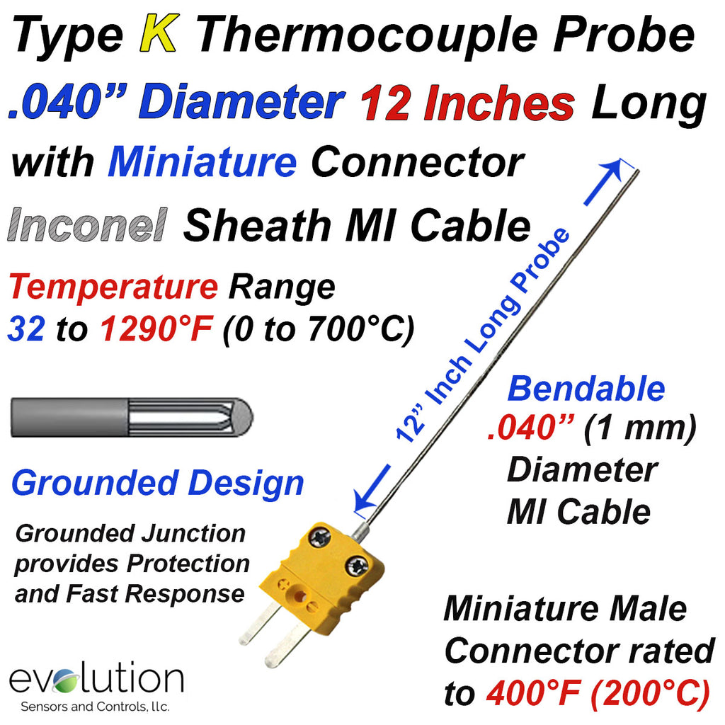 Type K Thermocouple Probe .040" Diameter 12 Inch Long Inconel Sheath