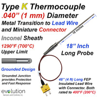 Type K Thermocouple Probe 18 inches long .040 Diameter with Lead Wire and Connector