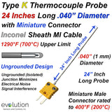 Type K Thermocouple Probe .040" Diameter 24 Inches Long Inconel Sheath