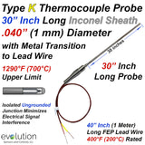 Type K Thermocouple .040" (1 mm) Diameter Long Length Inconel Sheath Grounded with a Transition to Lead Wire