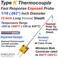 Type K Exposed Thermocouple Probe 1/16 Inch Diameter Inconel Sheath