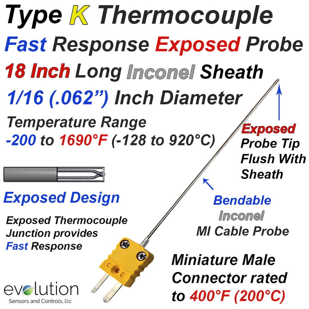 Type K Exposed Thermocouple Probe 18 Inch Long 1/16 Diameter Inconel