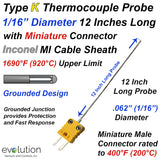 K Type Thermocouple Probe 1/16" Diameter with Miniature Connector