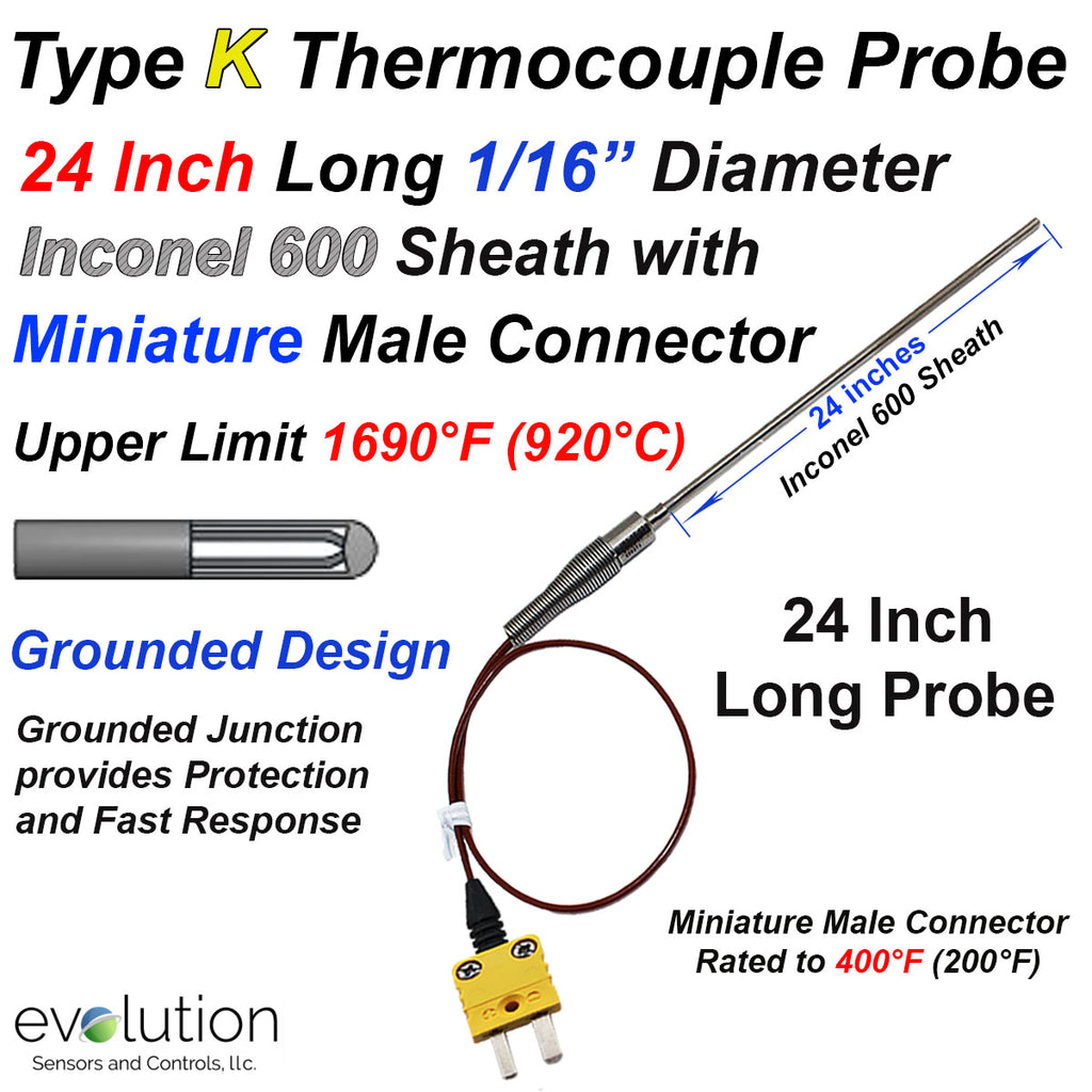 Type K Thermocouple Probe - 24 Inch Long 1/16" Diameter Inconel Sheath Grounded with a Transition to 48 Inches of FEP Lead Wire