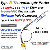 Type K Thermocouple Probe - 24 Inch Long 1/16" Diameter Inconel Sheath Grounded with a Transition to 48 Inches of FEP Lead Wire