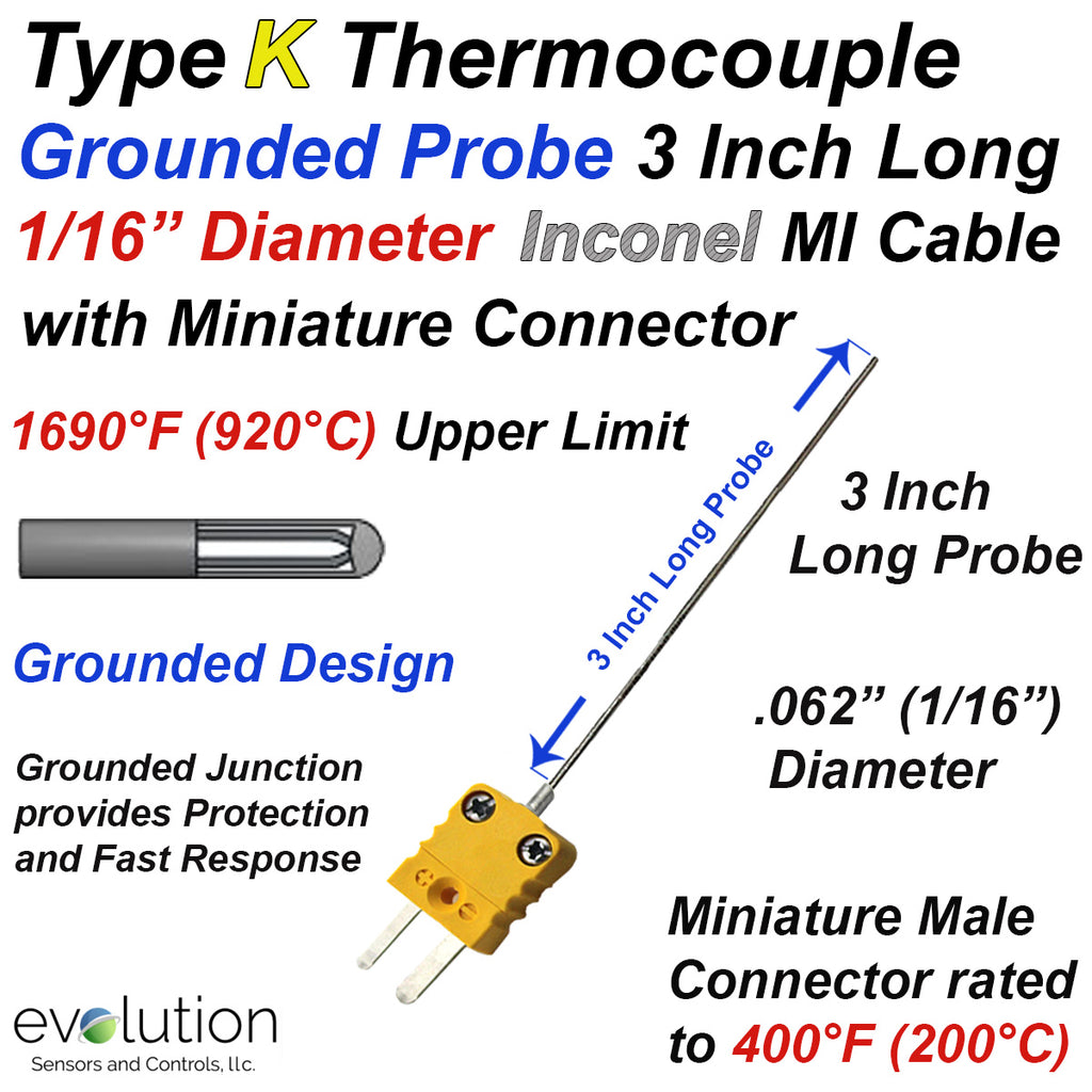 Type K Thermocouple Probe 3 Inch Long 1/16 Inconel Sheath Grounded