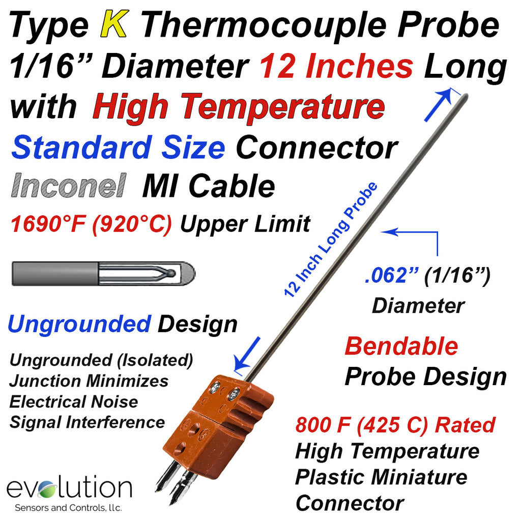 Thermocouple Sensor Type K Ungrounded 12" Long 1/16" Dia. Inconel Sheath with High Temperature Standard Connector