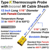 Type K Thermocouple Probe with Standard Size Round Pin Female Connector 