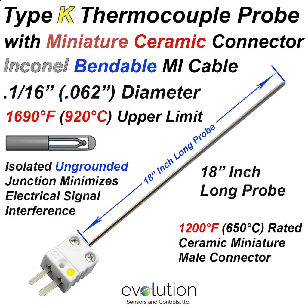 Type K Thermocouple Probe Inconel 18" Long with Mini Ceramic Connector