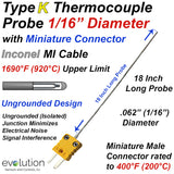 Type K Thermocouple Probe with Miniature Connector Inconel 1/16 Diameter