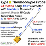 Type K Thermocouple Probe 24 Inches Long 1/16" Diameter and Mini Connector