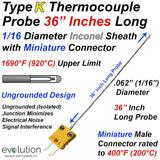 36 Inch Long Type K Thermocouple Probe 1/16 Diameter Inconel Sheath 