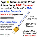 Type K Thermocouple Probe Ungrounded 3 Inch Long 1/16 Inconel Sheath