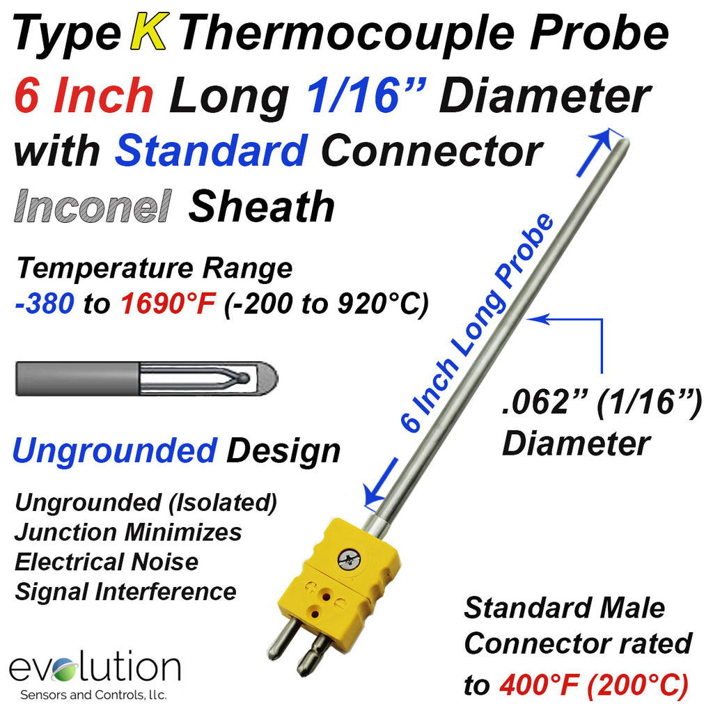 Thermocouple Sensor Type K Ungrounded 6" Long 1/16" Dia. Inconel sheath with Standard Connector