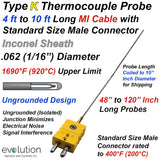 Type K Thermocouple Probe Long Length 1/16 Diameter with Connector