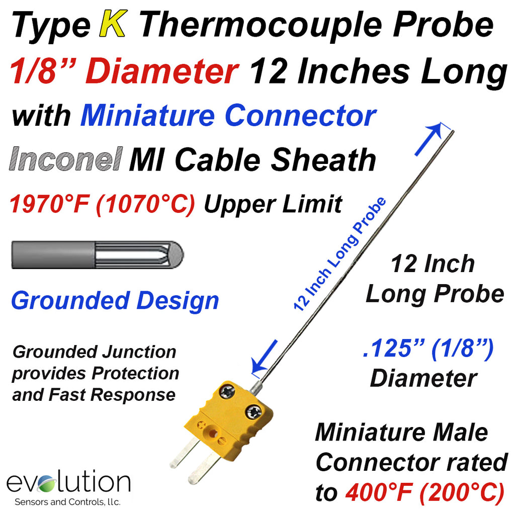 Type K Thermocouple Probe Inconel Sheath 1/8" Diameter 12 inches Long