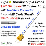 Type K Thermocouple Probe Inconel Sheath 1/8" Diameter 12 inches Long