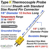 K Type Thermocouple Probe 1/8" Diameter 12 Inch Long Inconel Sheath