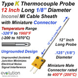 Inconel Thermocouple Probe Type K 1/8" Diameter 6 inches Long 