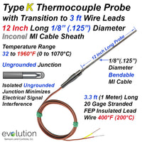 Type K Thermocouple Probe 12 Inch Long 1/8