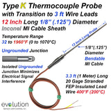 Type K Thermocouple Probe 12 Inch Long 1/8" Diameter Inconel Sheath