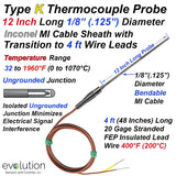 Type K Thermocouple Probe Inconel Sheath with Transition to Lead Wire