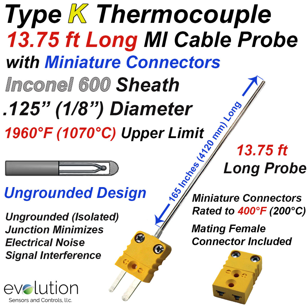 Long Length Type K Thermocouple Probe 13.75 ft Inconel 1/8" Diameter