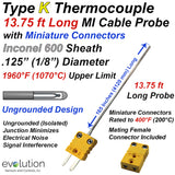Long Length Type K Thermocouple Probe 13.75 ft Inconel 1/8" Diameter