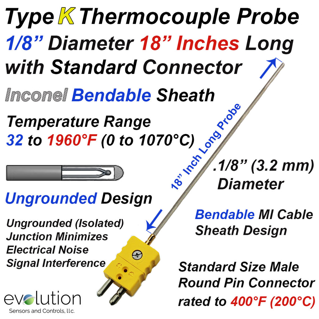 Type K Thermocouple Probe 18 Inches Long 1/8" Diameter with Connector