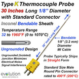 Type K Thermocouple Probe 30 Inch Long 1/8" Diameter with Connector