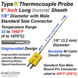 K Type Thermocouple Probe 1/8" Diameter 6 Inches Long Inconel Sheath