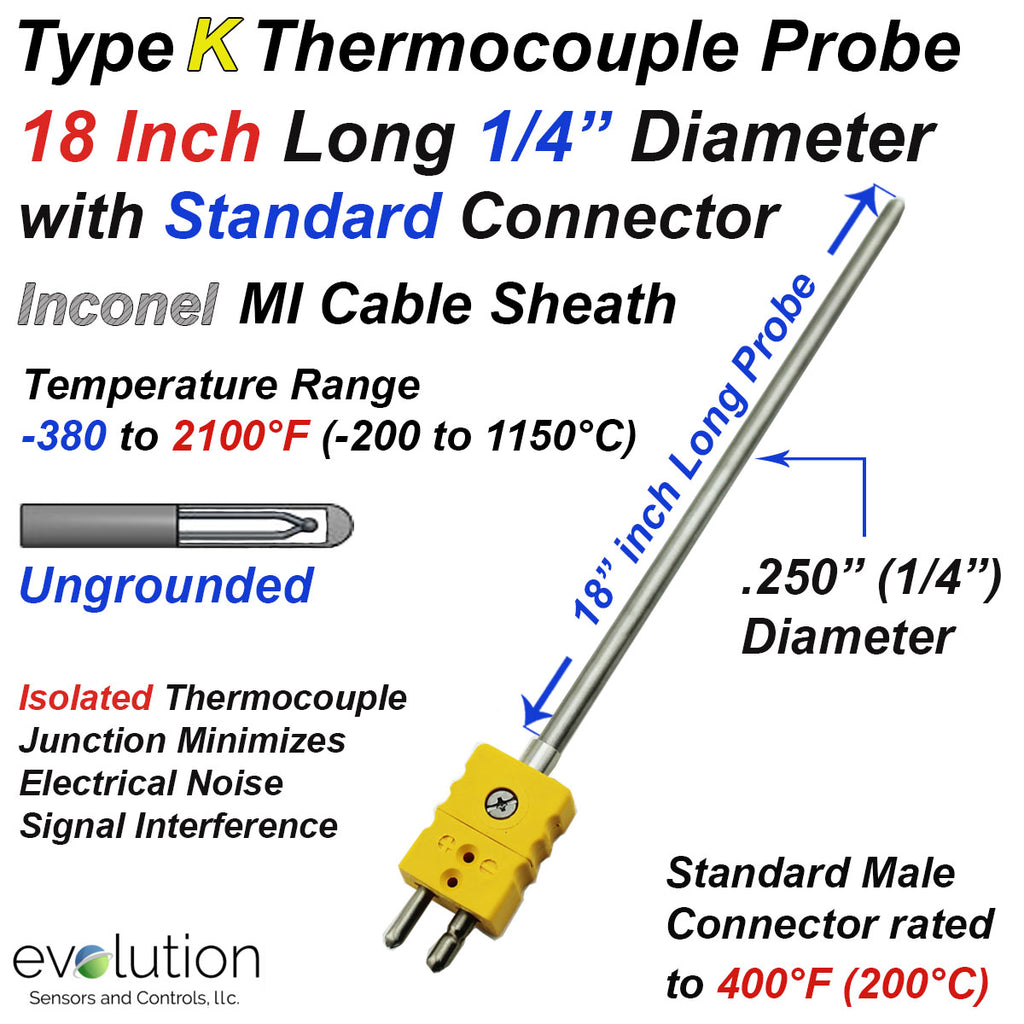 Type K Thermocouple Probe Inconel Sheath 18 inches long with Connector